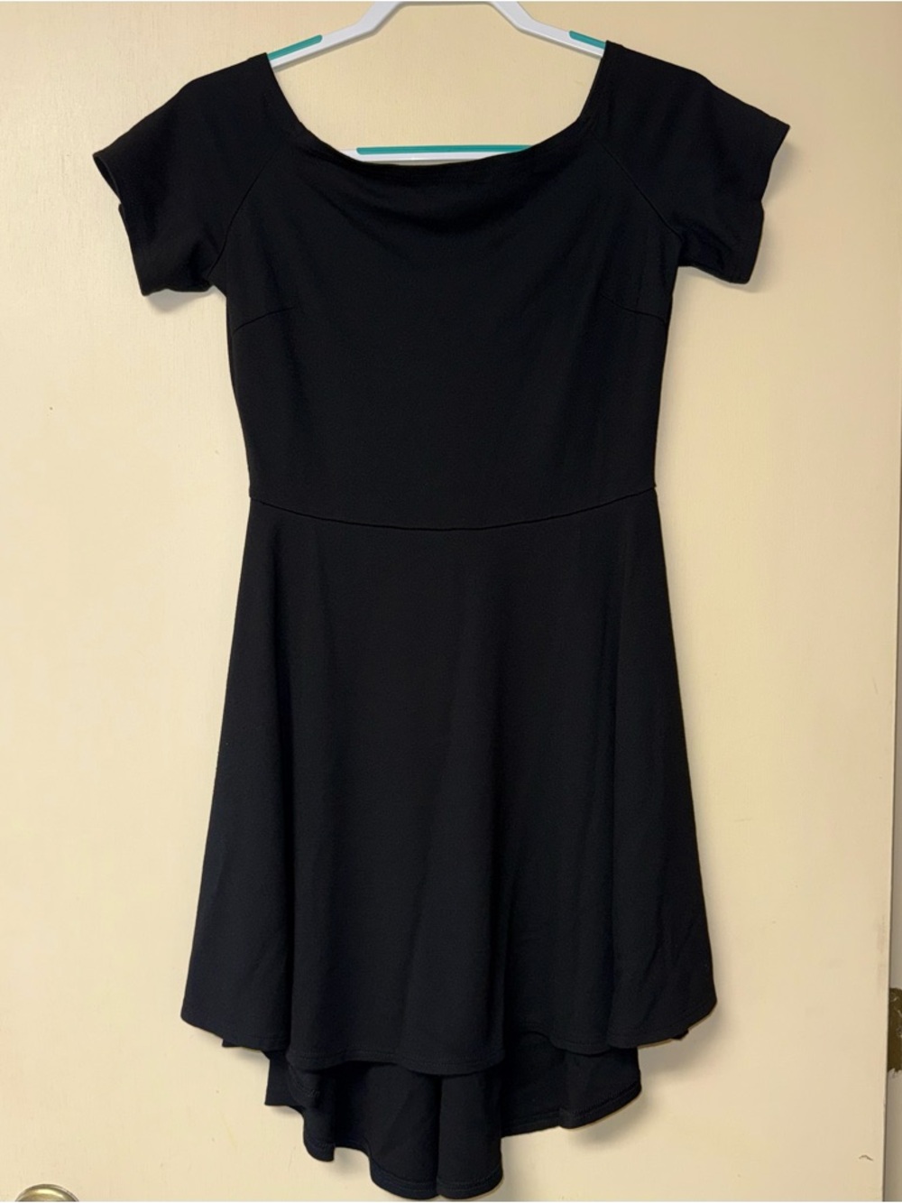 Black Short-Sleeve High-Low Dress with Scoop Neck